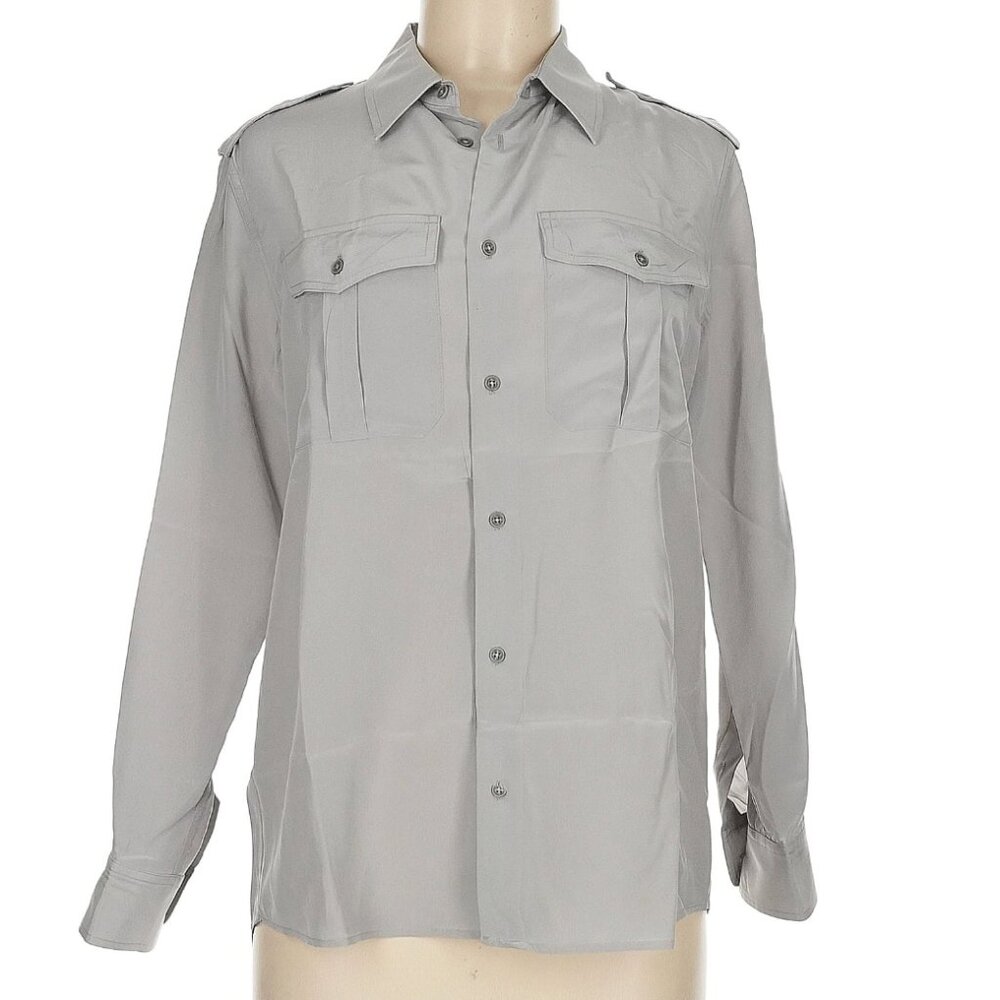 Nili Lotan Silk Jeanette Blouse Light Gray Silver Women's Medium Button Down Top